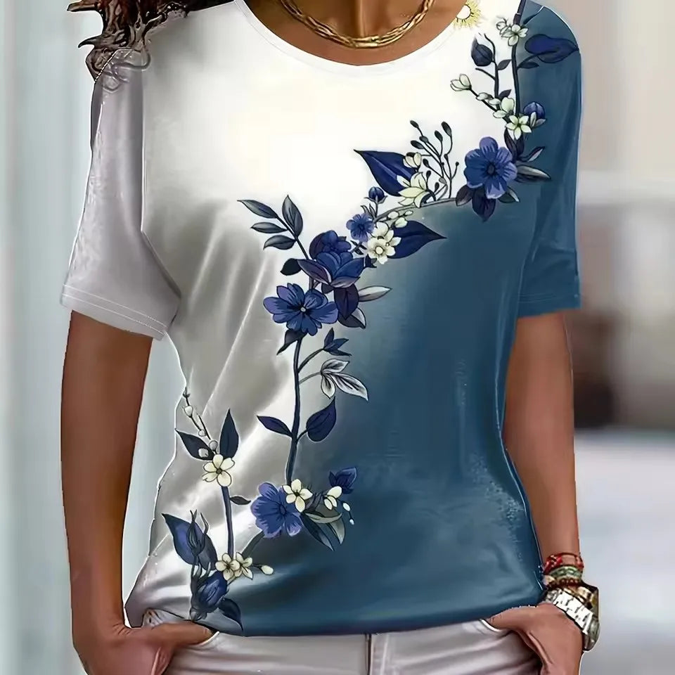 Short Sleeve 3D Printed Street Flower Ladies Tee