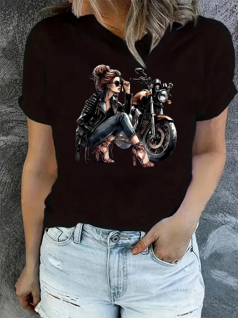 Retro Motorcycle Women Print T-shirt