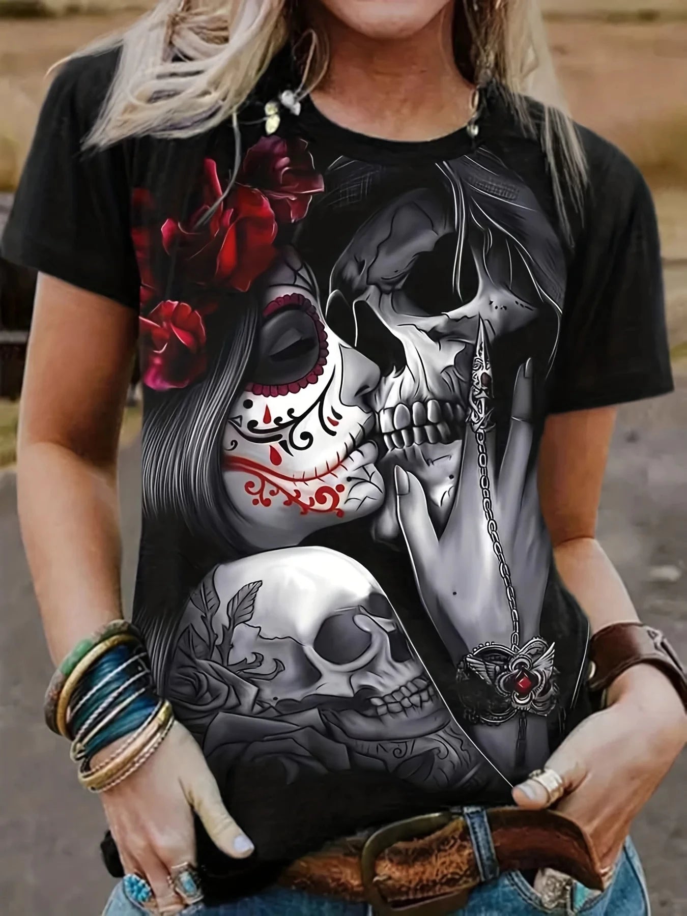 Skull and Floral 3D Printed Short Sleeve Stretch T-Shirt Women's Streetwear