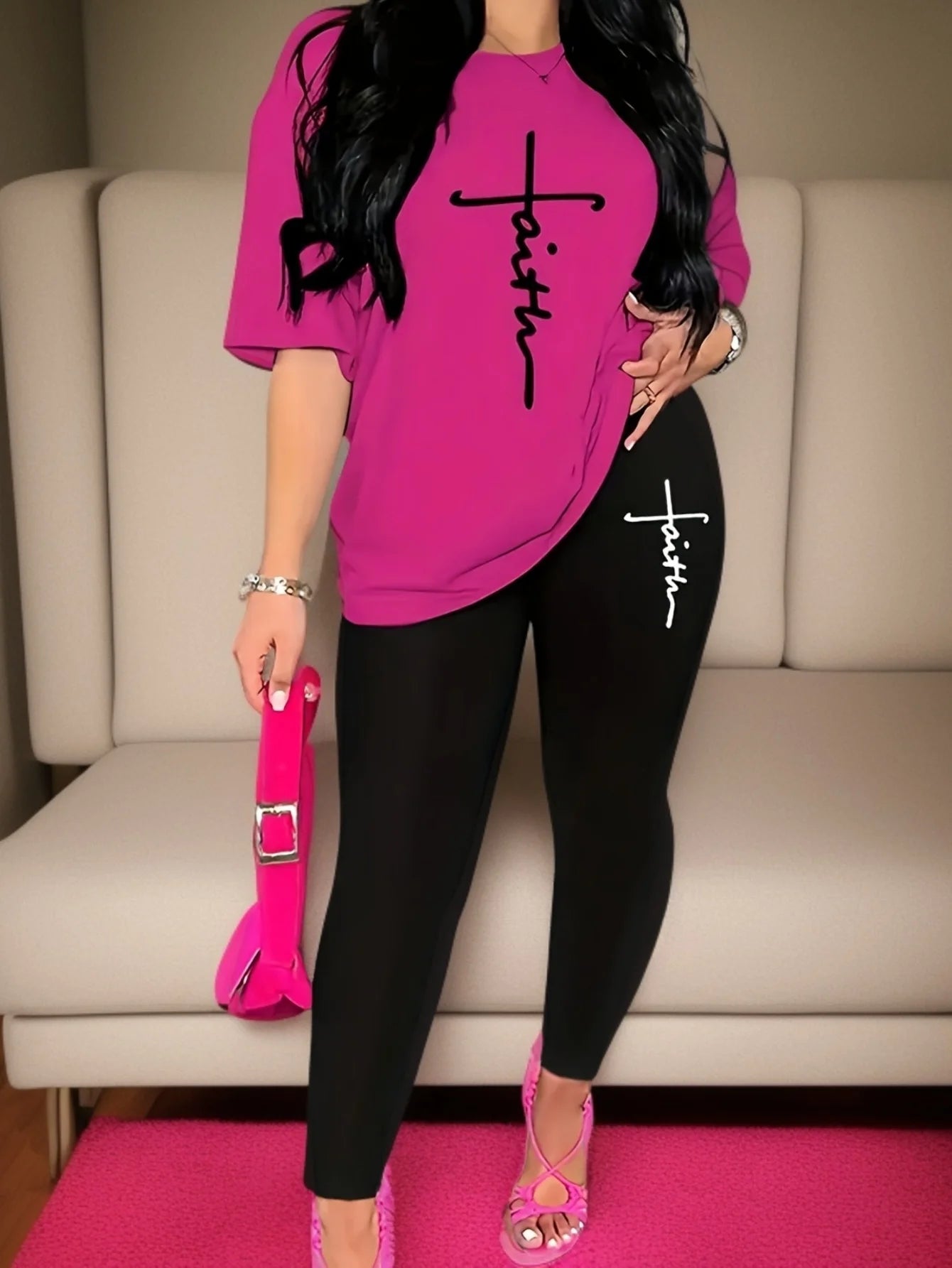 Women's Sports Outfit Set, Long Sleeve T-shirt Top & Medium Stretch Comfy Pants