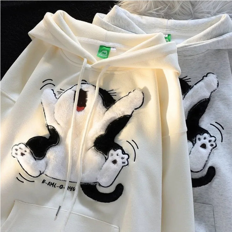 Cat Patchwork Hoodies Thicken Kangaroo Pocket Baggy Street Sweatshirt