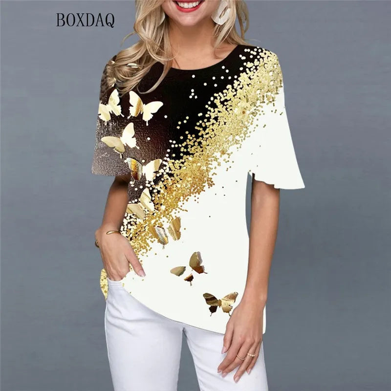 Butterfly Pattern Print Streetwear Women Shirts Short Sleeve