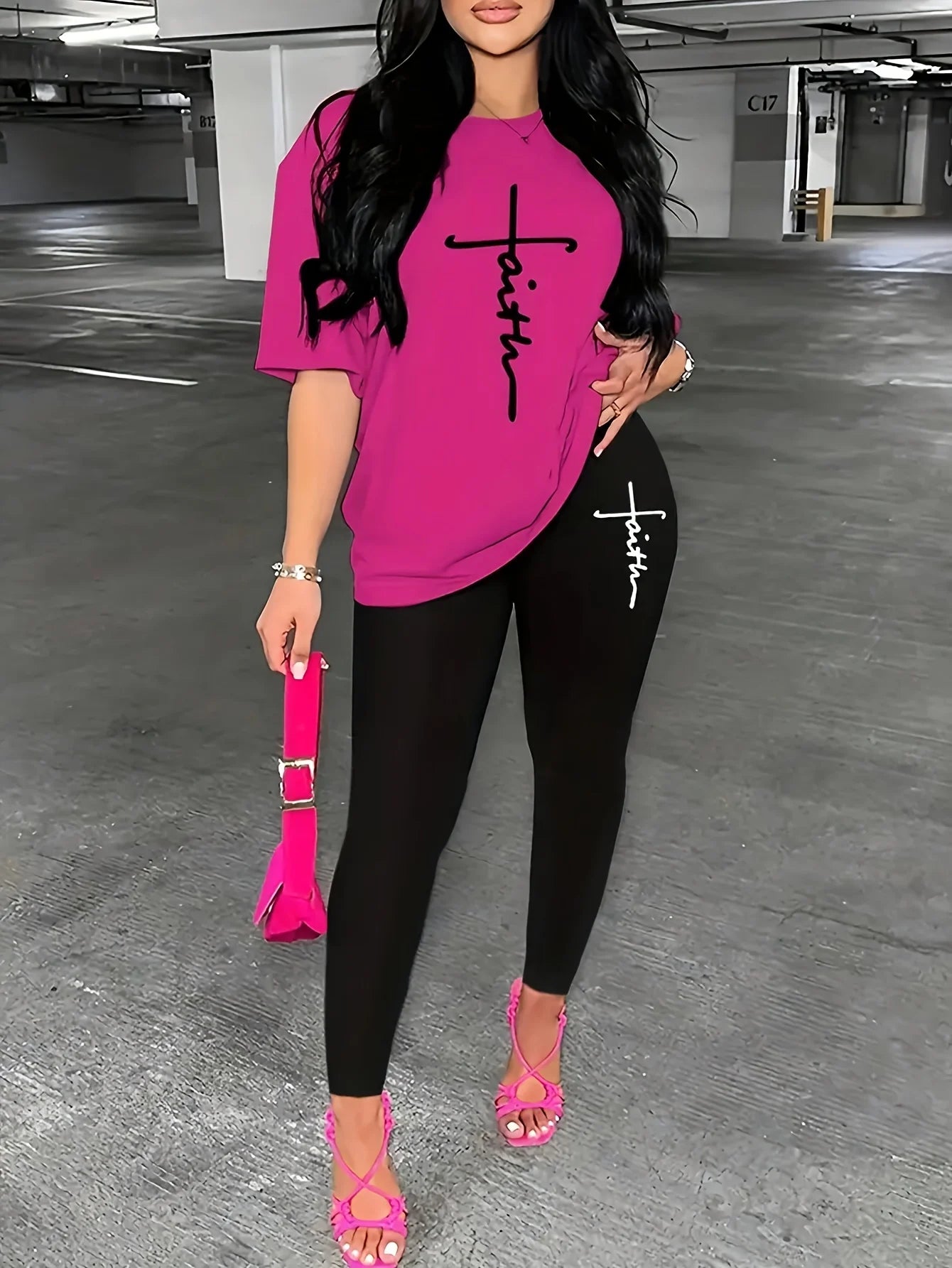 Women's Sports Outfit Set, Long Sleeve T-shirt Top & Medium Stretch Comfy Pants