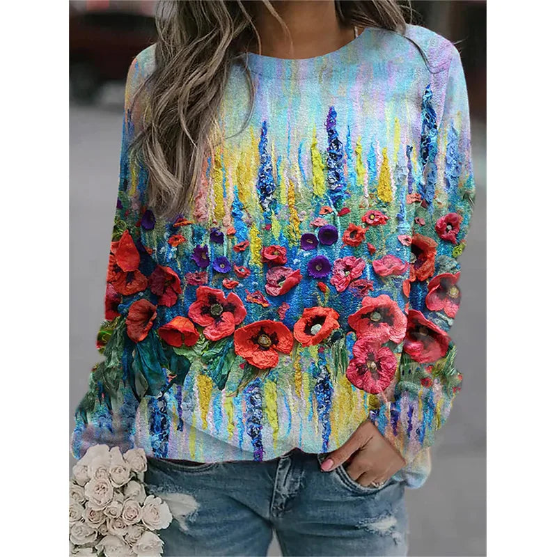 Flower Hoodies Floral Oil Painting 3D Print Sweatshirts Women