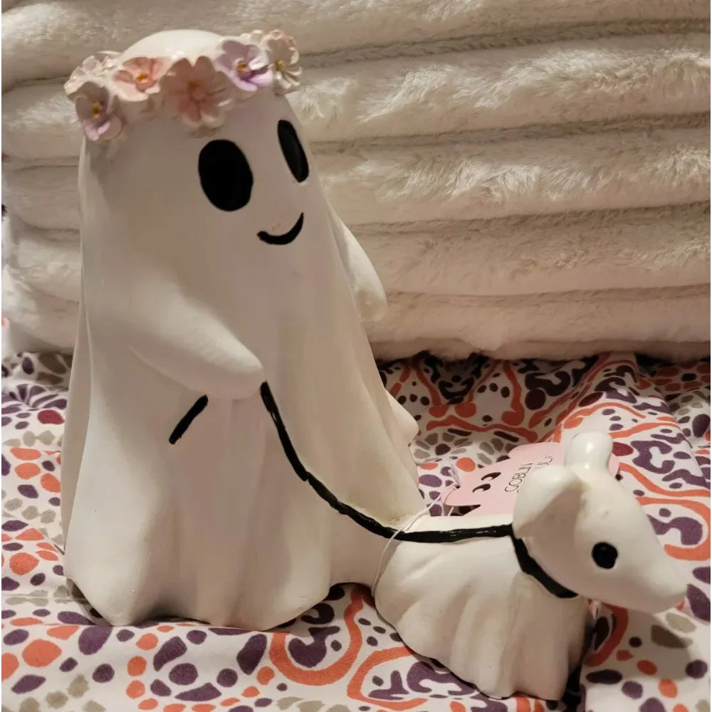 Halloween Ghost Walking Dog Statue Funny Ghost Walking His Ghost Dog Halloween Ghost Dog Statues Halloween Tabletop Decoration