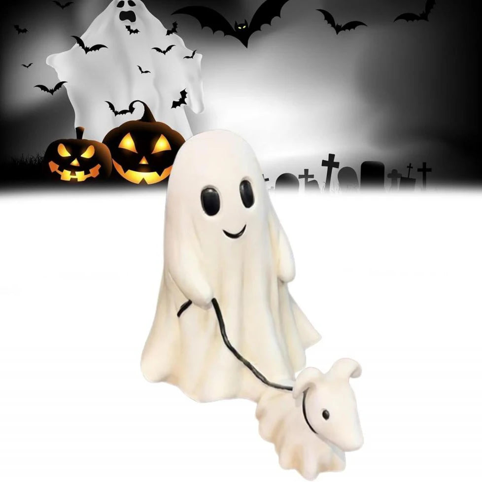 Halloween Ghost Walking Dog Statue Funny Ghost Walking His Ghost Dog Halloween Ghost Dog Statues Halloween Tabletop Decoration