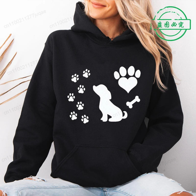 Women Chic Hoodies Fashion Autumn Winter Fleece Long Sleeve Hooded Top Funny Dog and Paw Casual Fashion Lady Hoody Sweatshirts