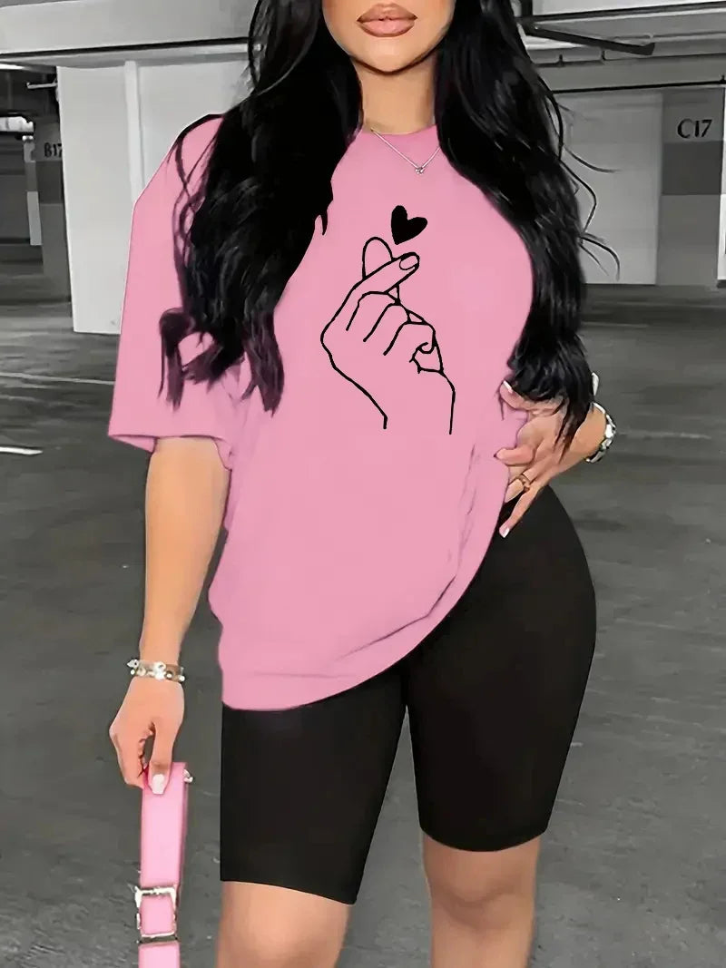 Summer women's hand heart gesture print casual loose round neck short sleeved T-shirt shorts two-piece set