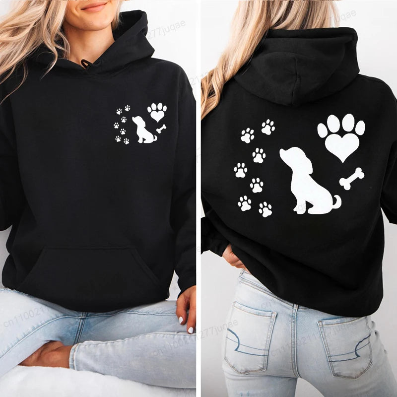 Women Chic Hoodies Fashion Autumn Winter Fleece Long Sleeve Hooded Top Funny Dog and Paw Casual Fashion Lady Hoody Sweatshirts