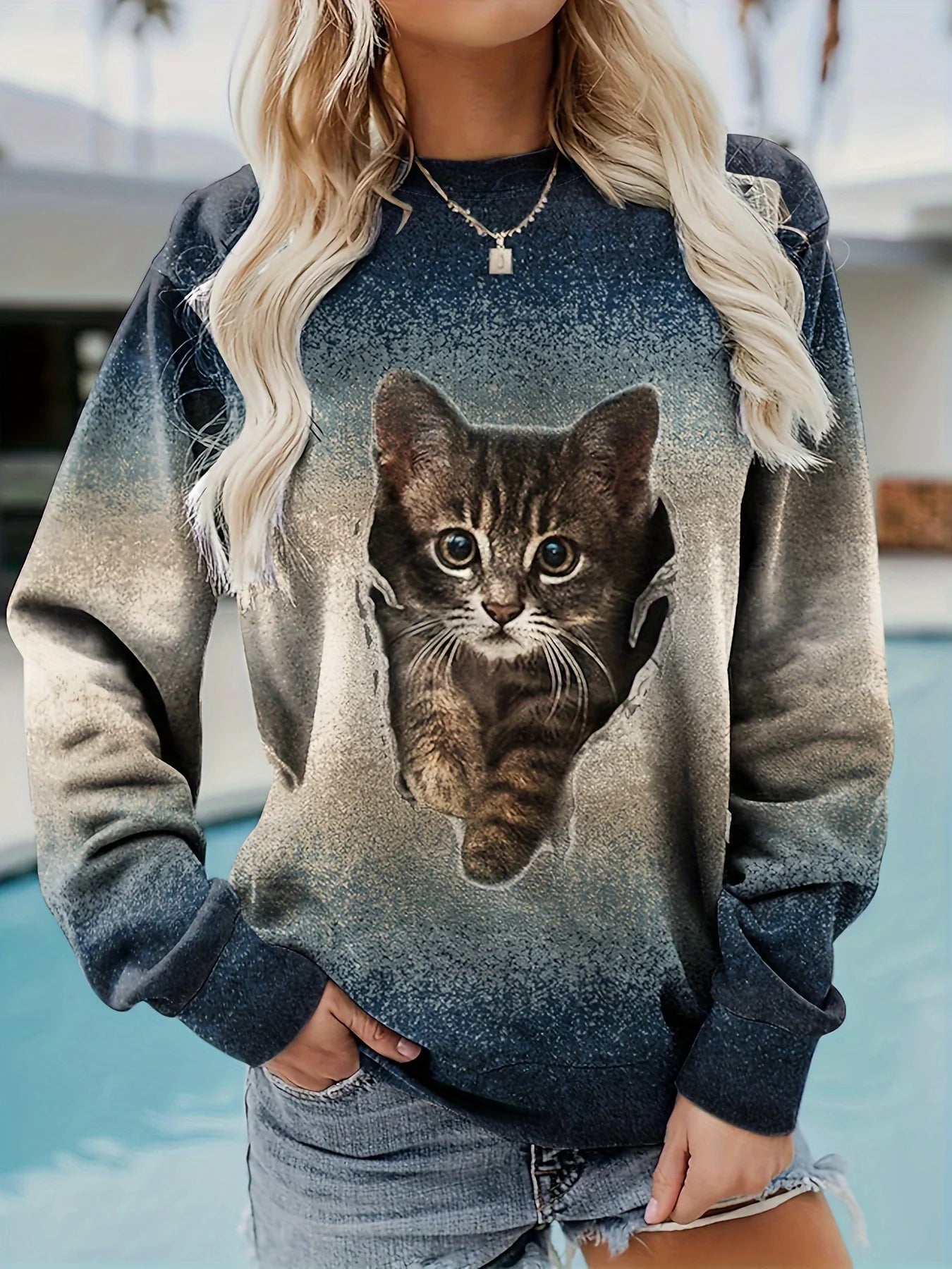 Funny Cat Print Sweatshirt for Women Casual Long Sleeve
