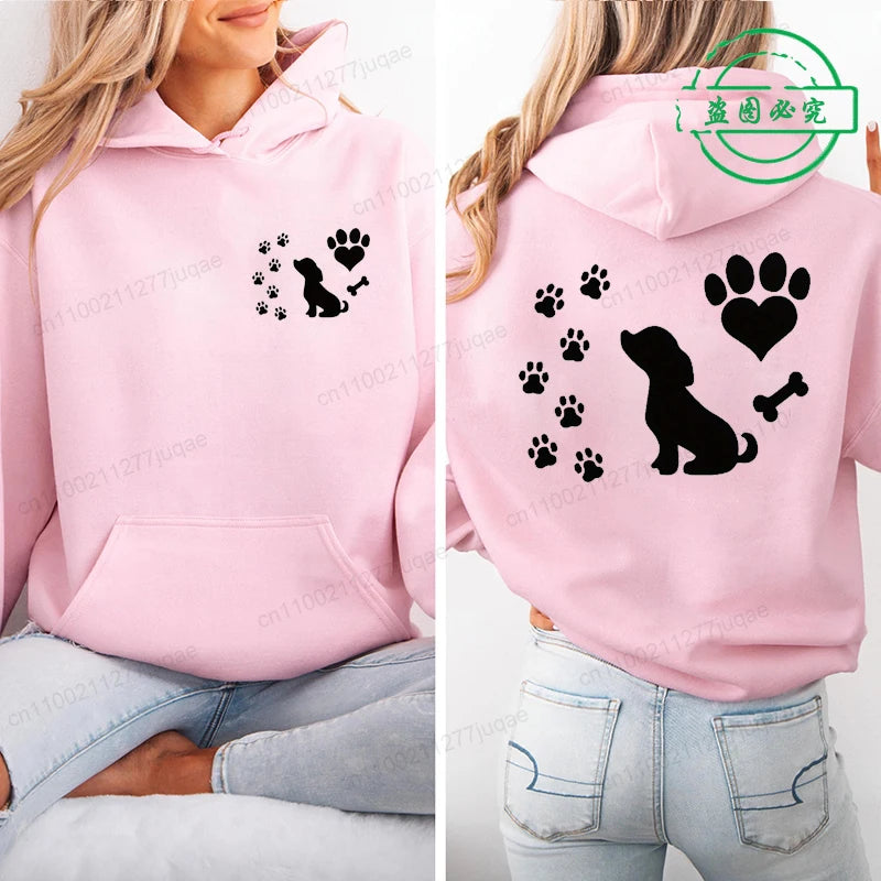 Women Chic Hoodies Fashion Autumn Winter Fleece Long Sleeve Hooded Top Funny Dog and Paw Casual Fashion Lady Hoody Sweatshirts