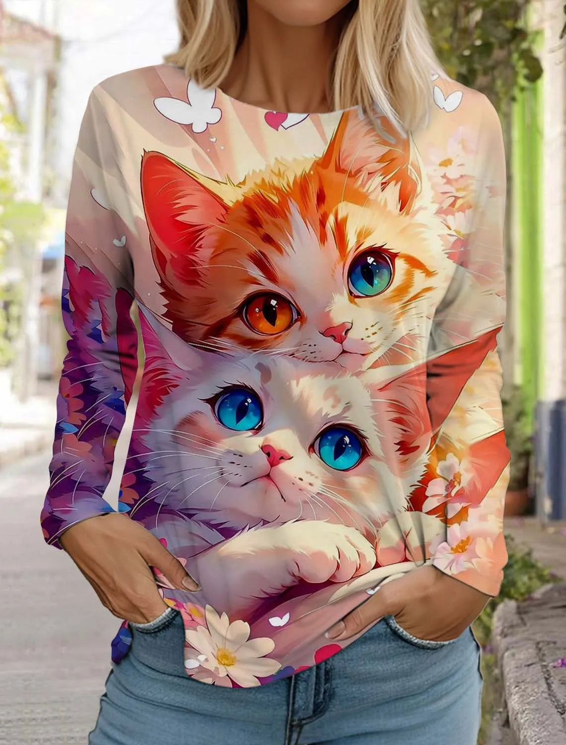 Cute Cat Women's Long Sleeves T-Shirt Round Neck