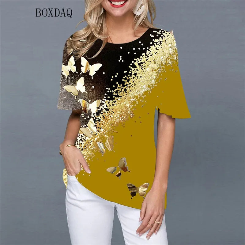 Butterfly Pattern Print Streetwear Women Shirts Short Sleeve