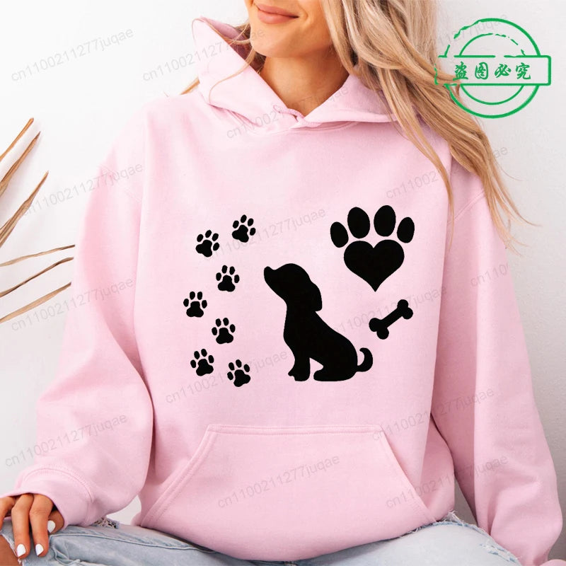 Women Chic Hoodies Fashion Autumn Winter Fleece Long Sleeve Hooded Top Funny Dog and Paw Casual Fashion Lady Hoody Sweatshirts
