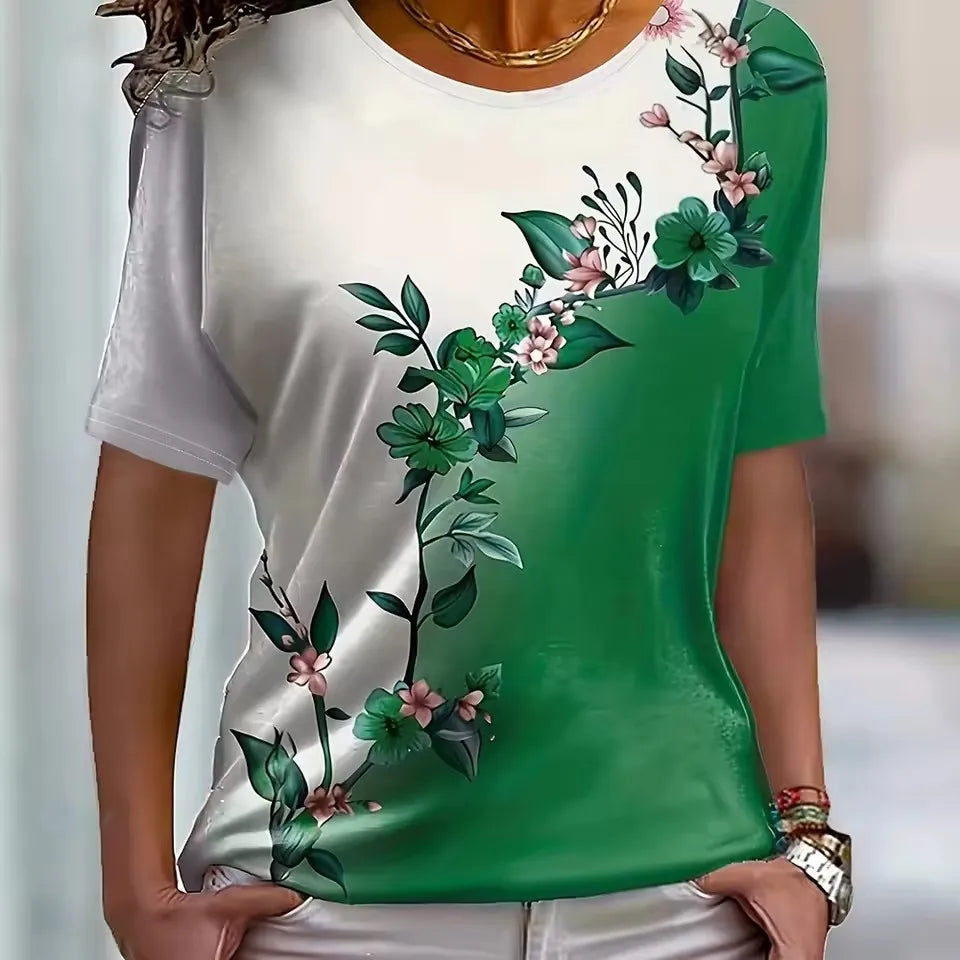 Short Sleeve 3D Printed Street Flower Ladies Tee