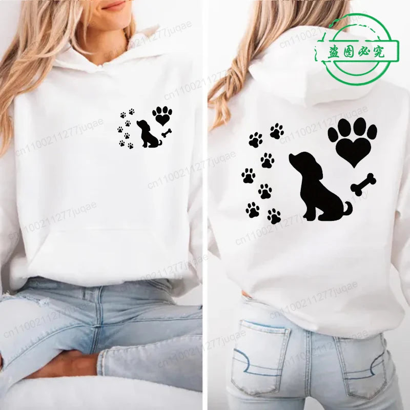 Women Chic Hoodies Fashion Autumn Winter Fleece Long Sleeve Hooded Top Funny Dog and Paw Casual Fashion Lady Hoody Sweatshirts