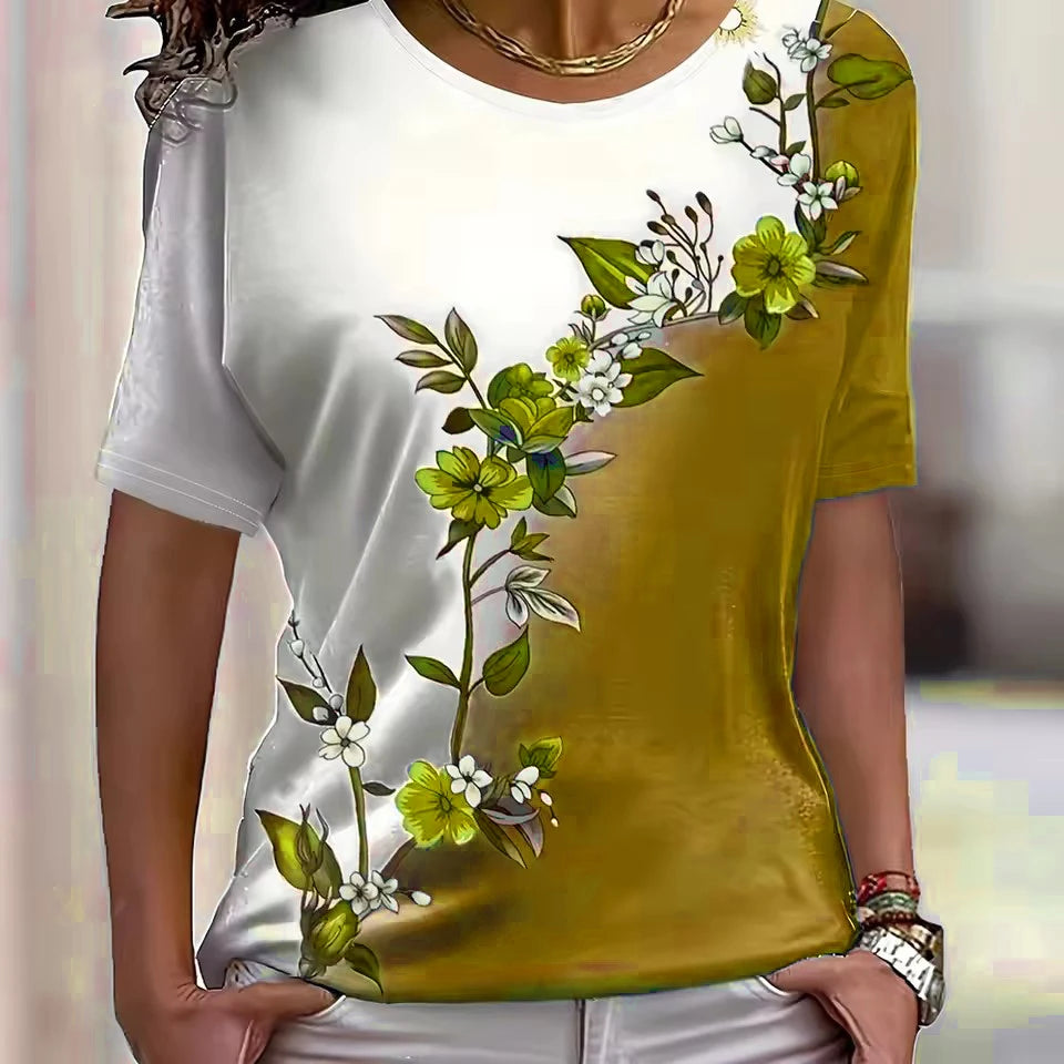Short Sleeve 3D Printed Street Flower Ladies Tee