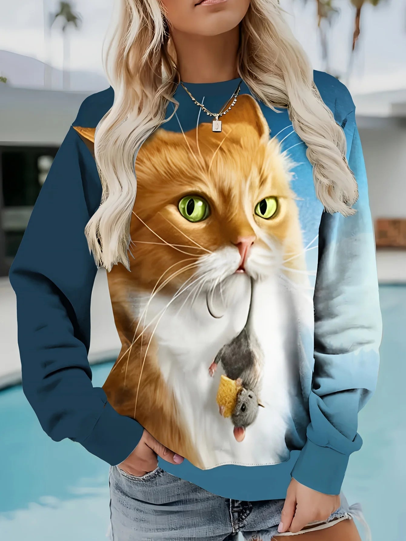 Funny Cat Print Sweatshirt for Women Casual Long Sleeve