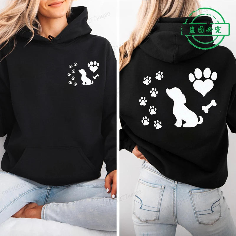 Women Chic Hoodies Fashion Autumn Winter Fleece Long Sleeve Hooded Top Funny Dog and Paw Casual Fashion Lady Hoody Sweatshirts