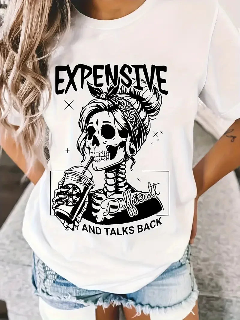 Expensive Difficult Letter Skull Print Casual T-Shirt