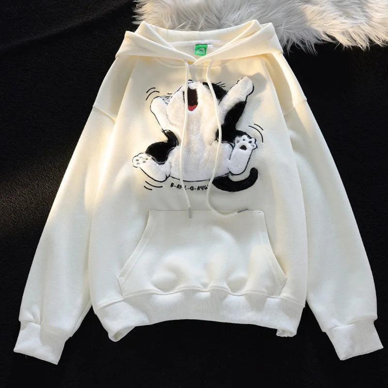 Cat Patchwork Hoodies Thicken Kangaroo Pocket Baggy Street Sweatshirt