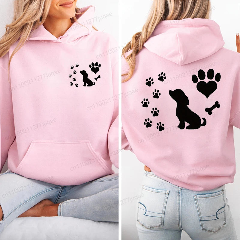 Women Chic Hoodies Fashion Autumn Winter Fleece Long Sleeve Hooded Top Funny Dog and Paw Casual Fashion Lady Hoody Sweatshirts