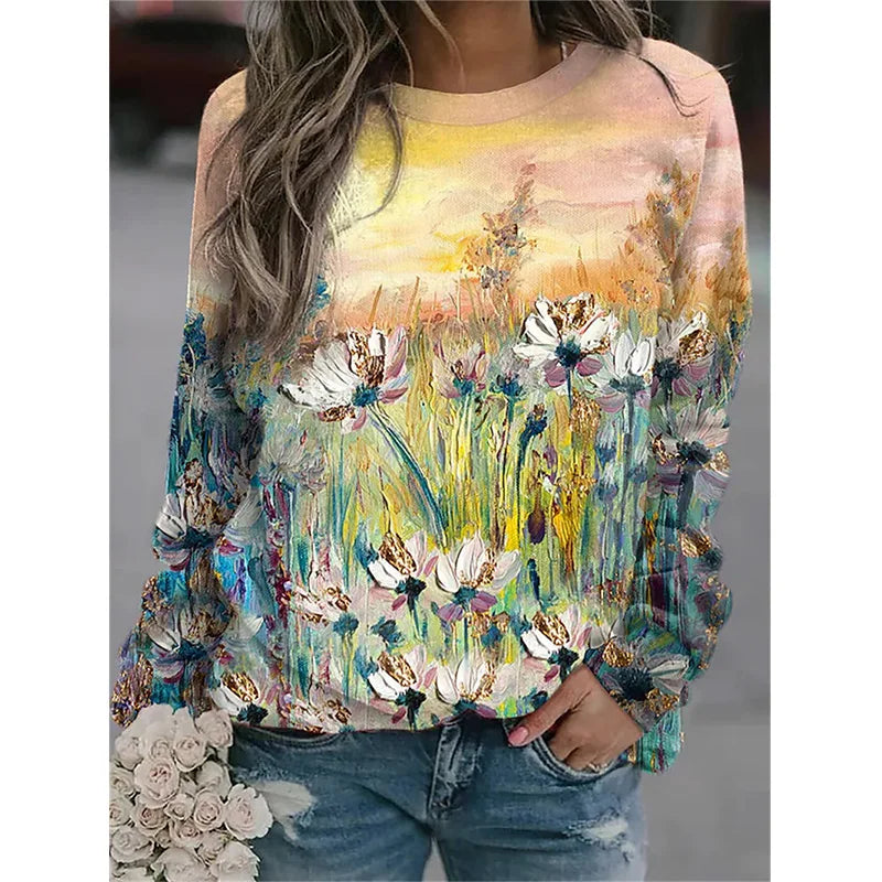 Flower Hoodies Floral Oil Painting 3D Print Sweatshirts Women