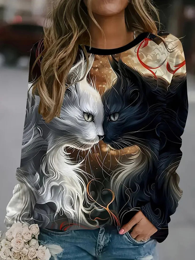 Cat Print Women's Fall/winter Warm Long-sleeved T-shirt