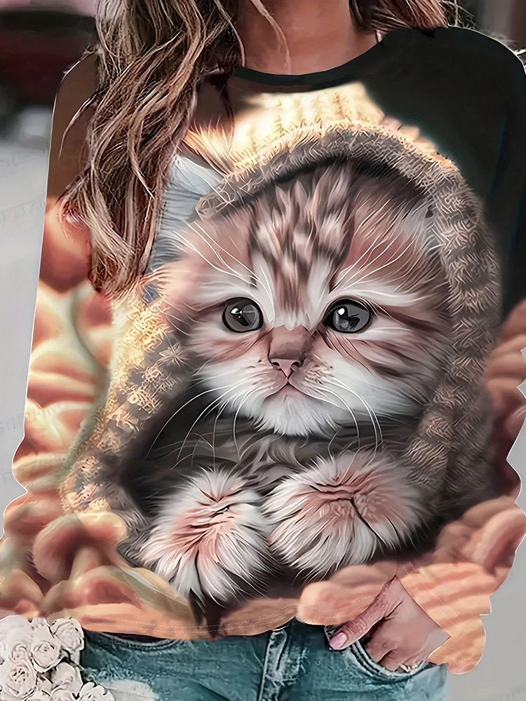 Cat Print Women's Fall/winter Warm Long-sleeved T-shirt