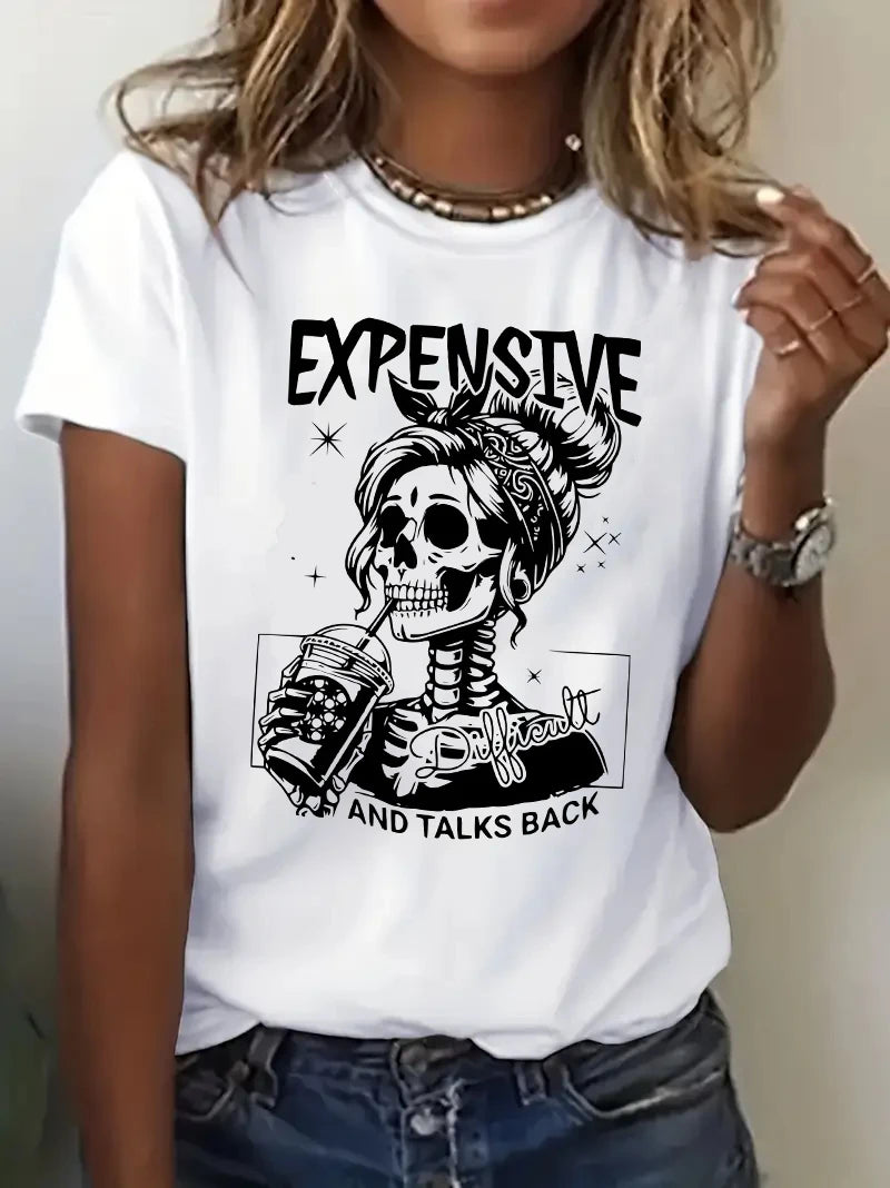 Expensive Difficult Letter Skull Print Casual T-Shirt