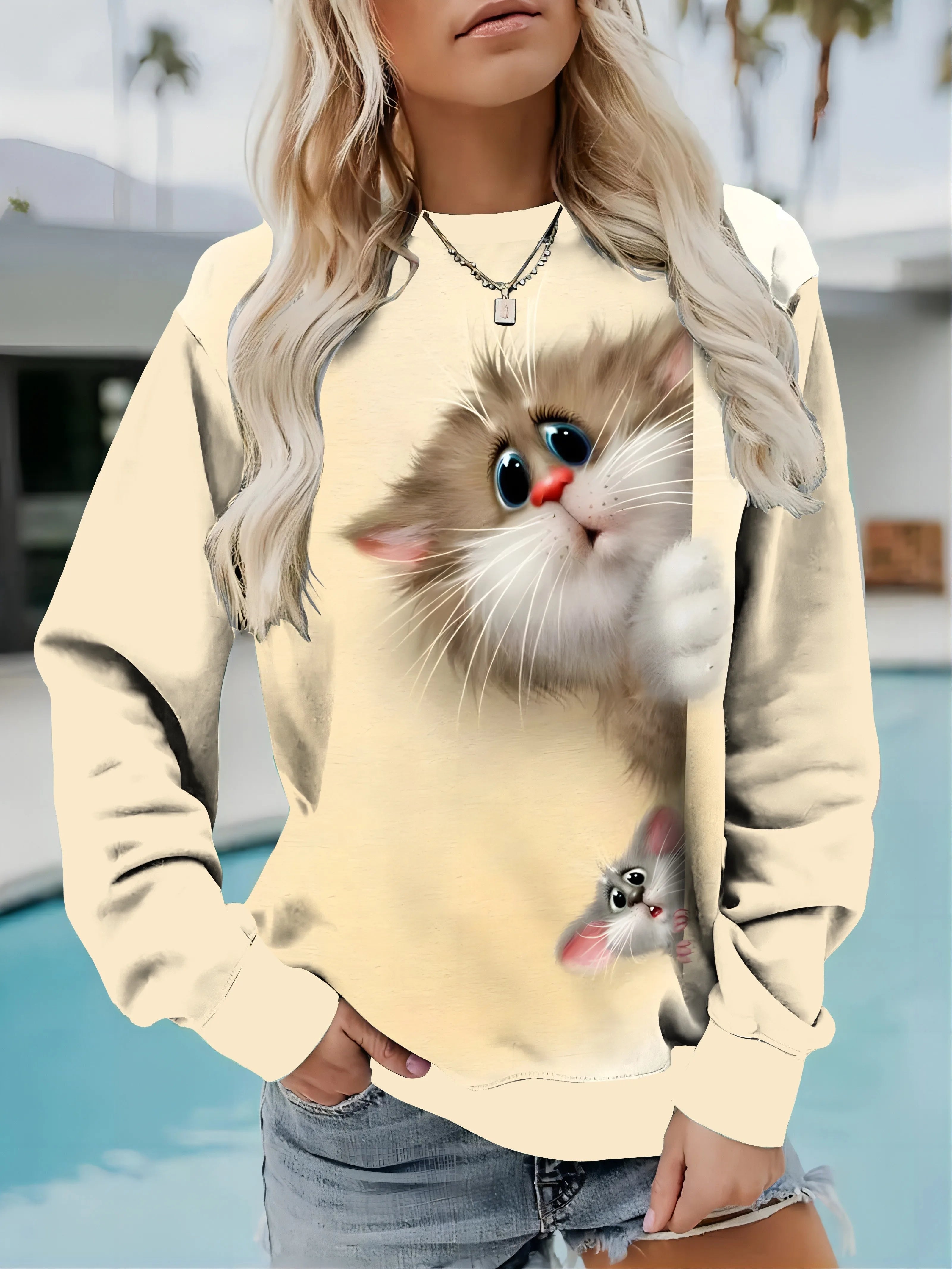 Funny Cat Print Sweatshirt for Women Casual Long Sleeve