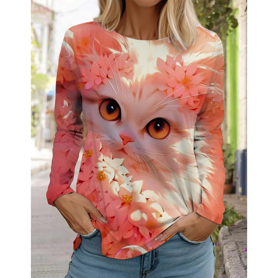 Cute Cat Women's Long Sleeves T-Shirt Round Neck
