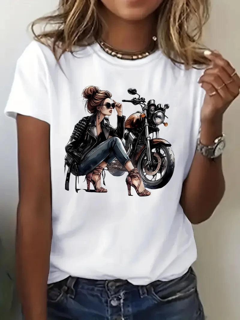 Retro Motorcycle Women Print T-shirt