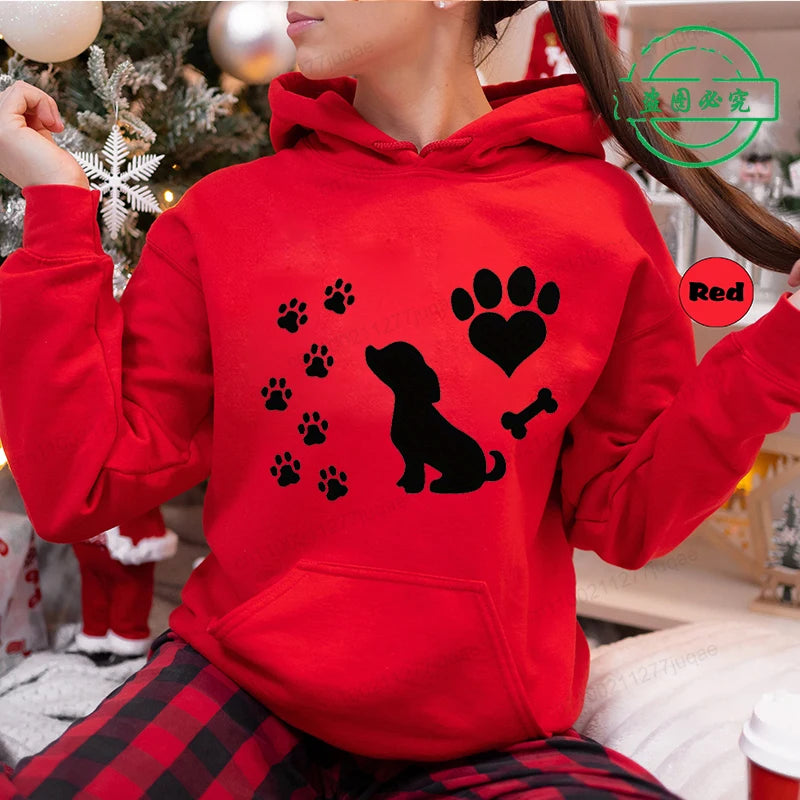 Women Chic Hoodies Fashion Autumn Winter Fleece Long Sleeve Hooded Top Funny Dog and Paw Casual Fashion Lady Hoody Sweatshirts