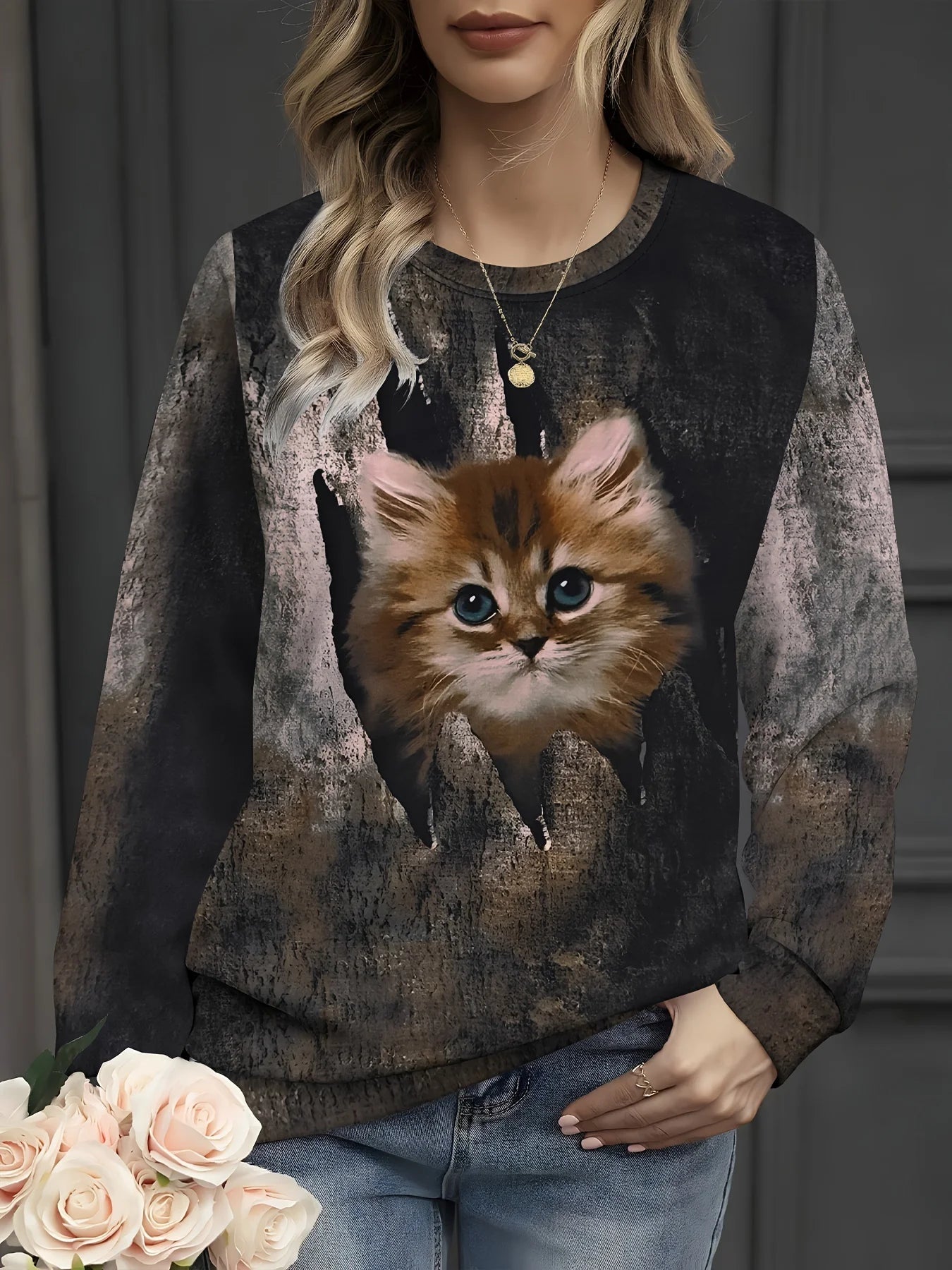 Funny Cat Print Sweatshirt for Women Casual Long Sleeve