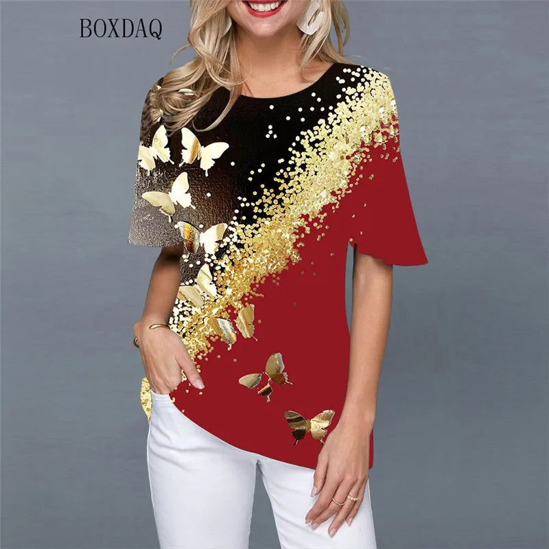 Butterfly Pattern Print Streetwear Women Shirts Short Sleeve