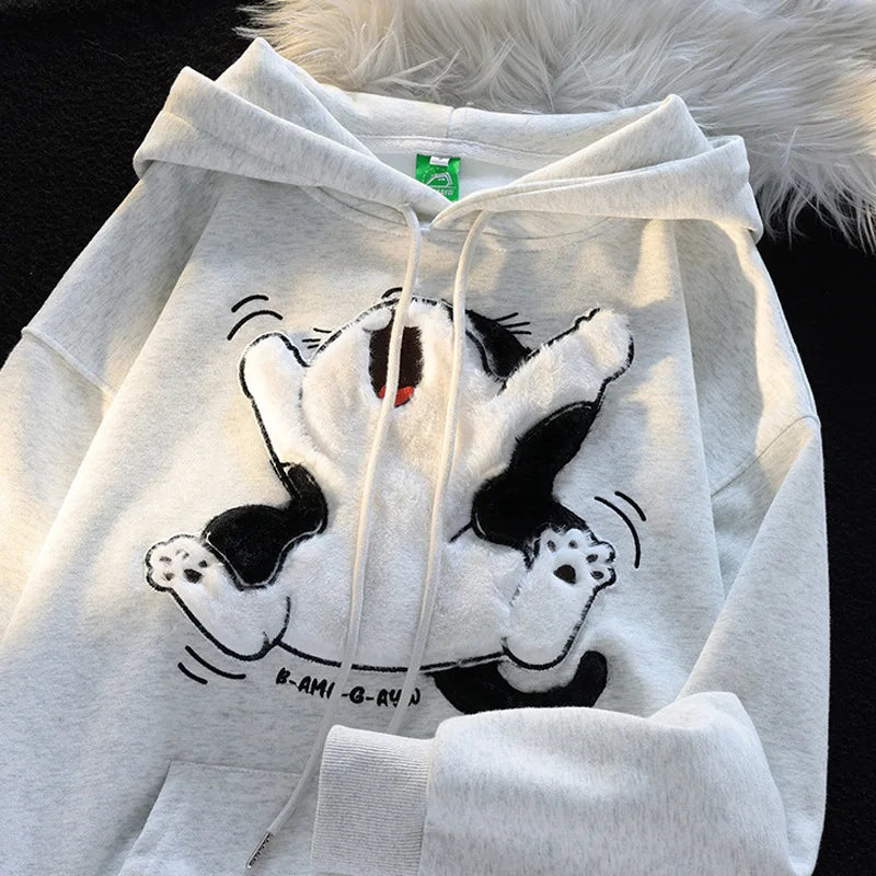Cat Patchwork Hoodies Thicken Kangaroo Pocket Baggy Street Sweatshirt