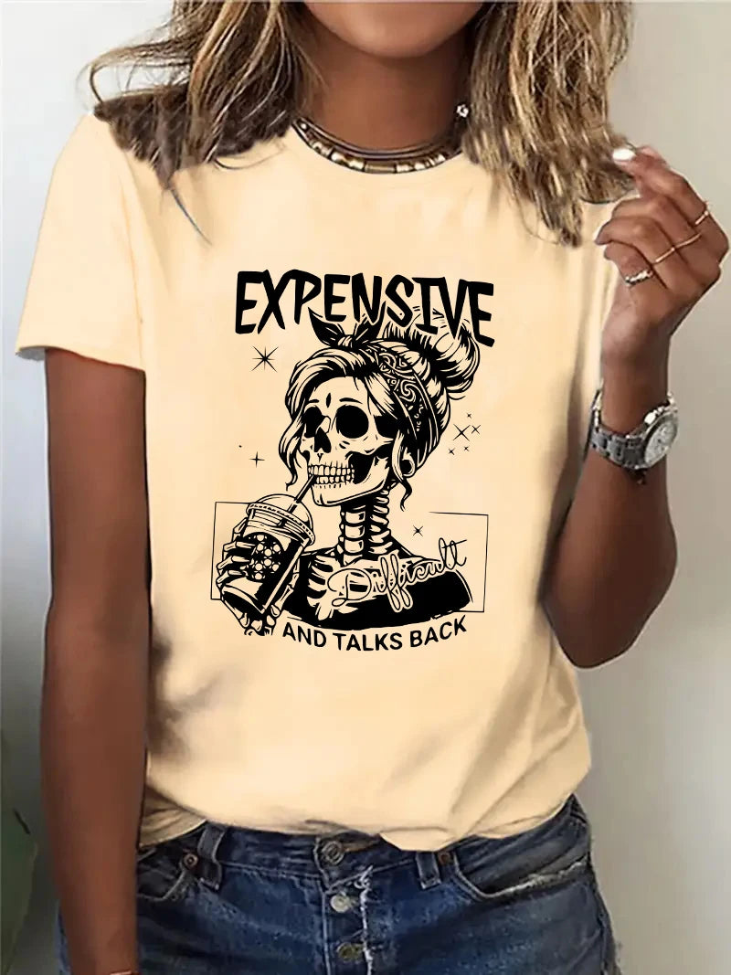 Expensive Difficult Letter Skull Print Casual T-Shirt