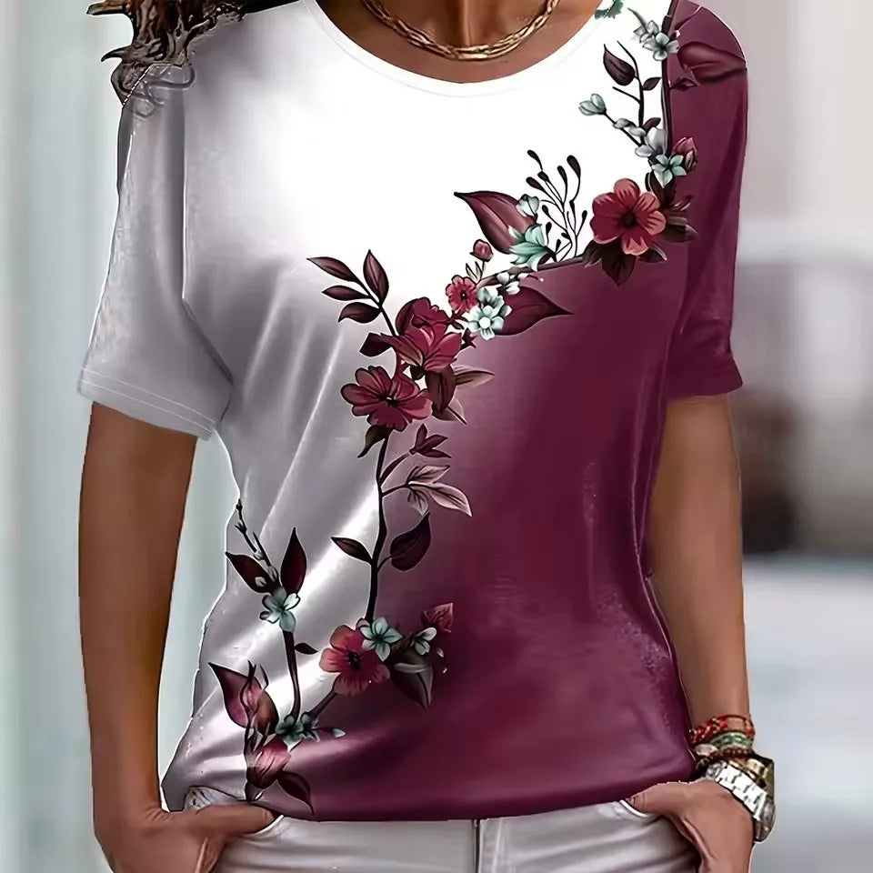 Short Sleeve 3D Printed Street Flower Ladies Tee