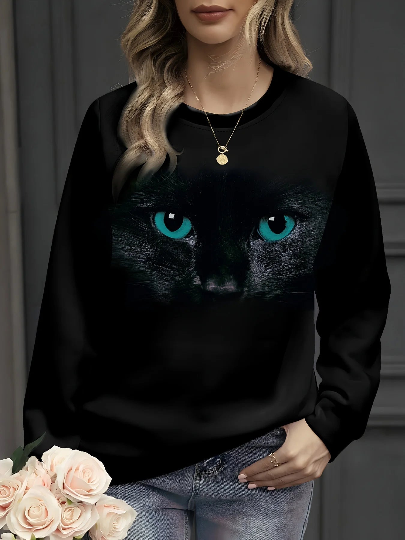Funny Cat Print Sweatshirt for Women Casual Long Sleeve