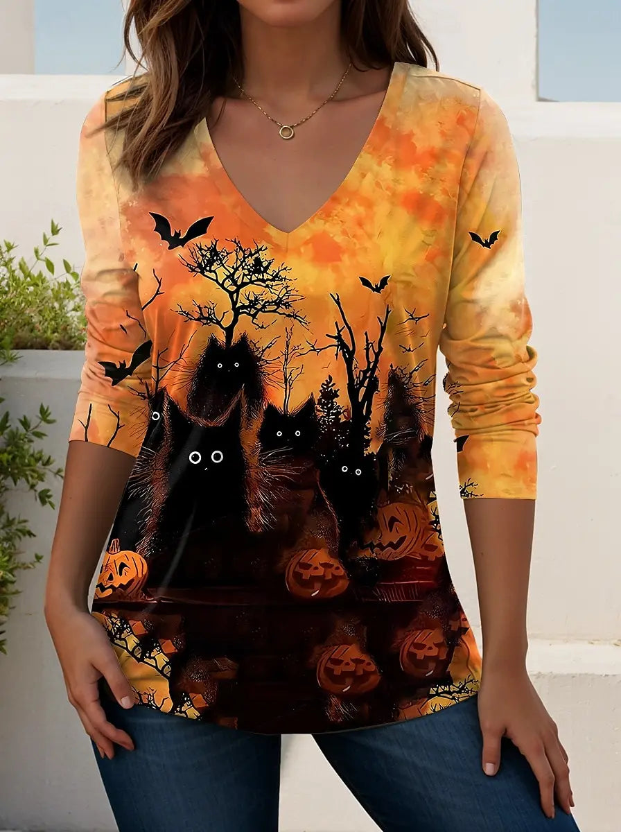 Women's Elegant V-Neck Halloween Bat Print Long Sleeve T-Shirt