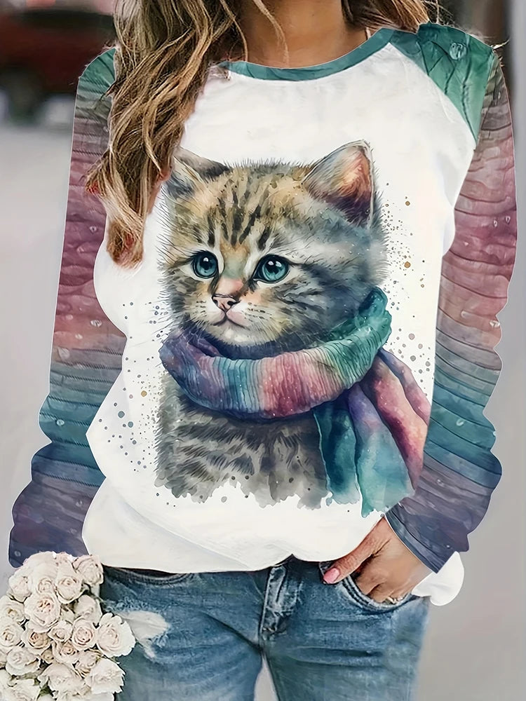 Cat Print Women's Fall/winter Warm Long-sleeved T-shirt