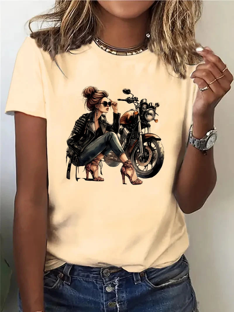 Retro Motorcycle Women Print T-shirt