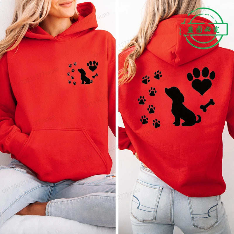 Women Chic Hoodies Fashion Autumn Winter Fleece Long Sleeve Hooded Top Funny Dog and Paw Casual Fashion Lady Hoody Sweatshirts