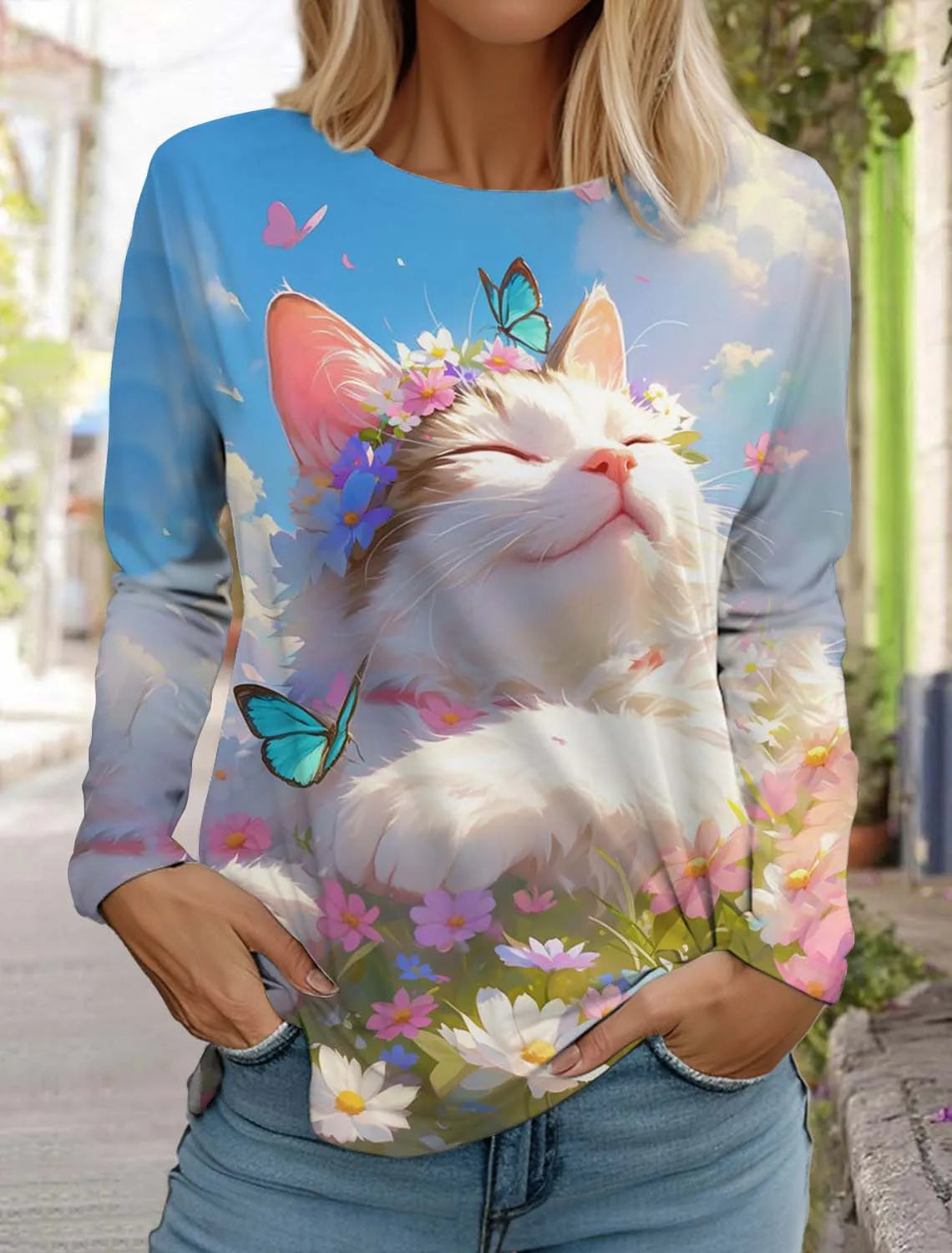 Cute Cat Women's Long Sleeves T-Shirt Round Neck