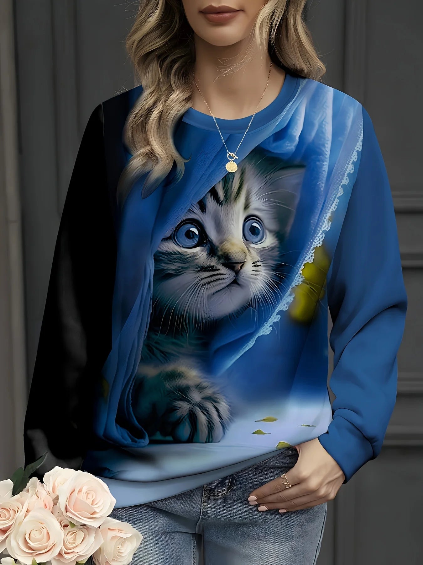 Funny Cat Print Sweatshirt for Women Casual Long Sleeve