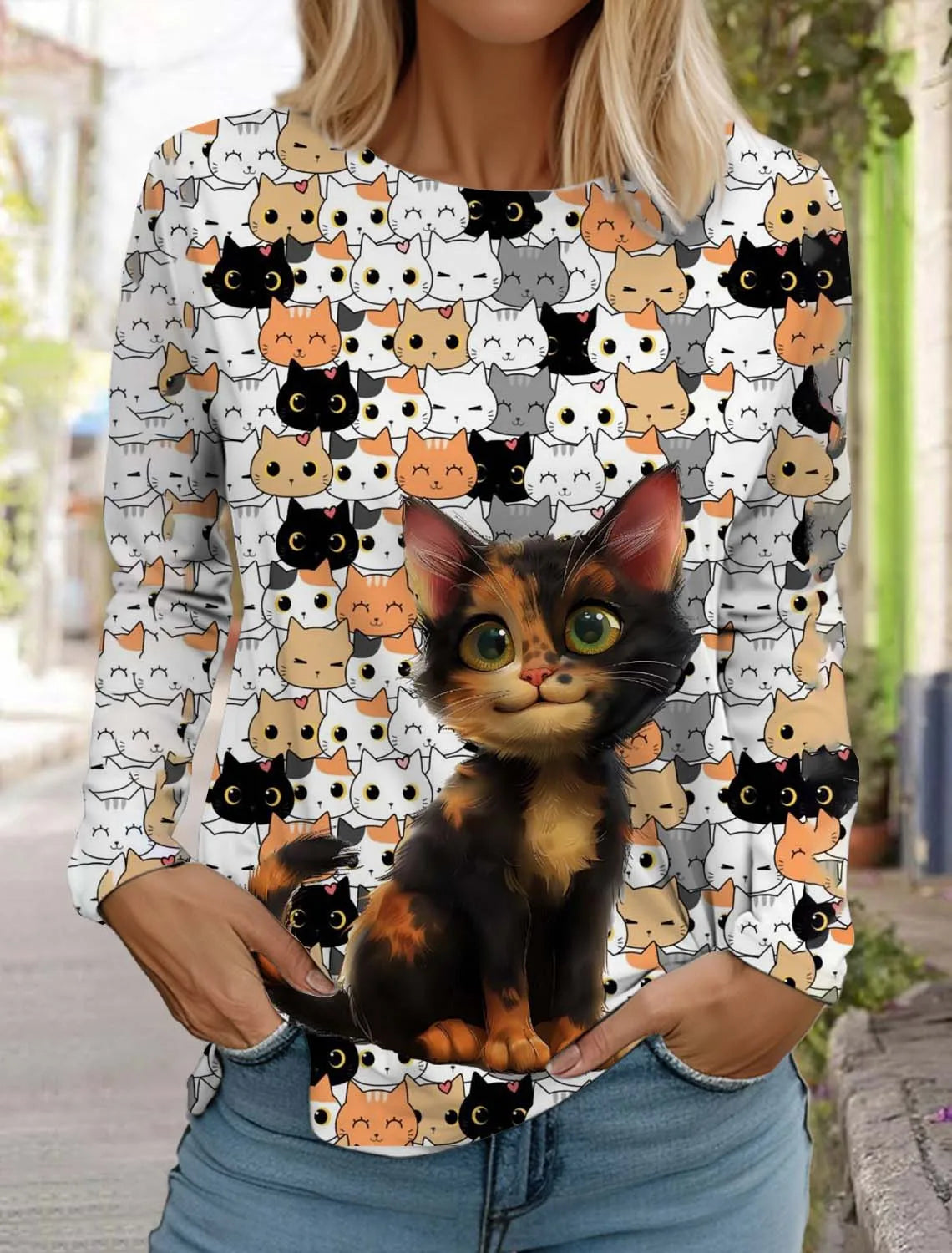 Cute Cat Women's Long Sleeves T-Shirt Round Neck