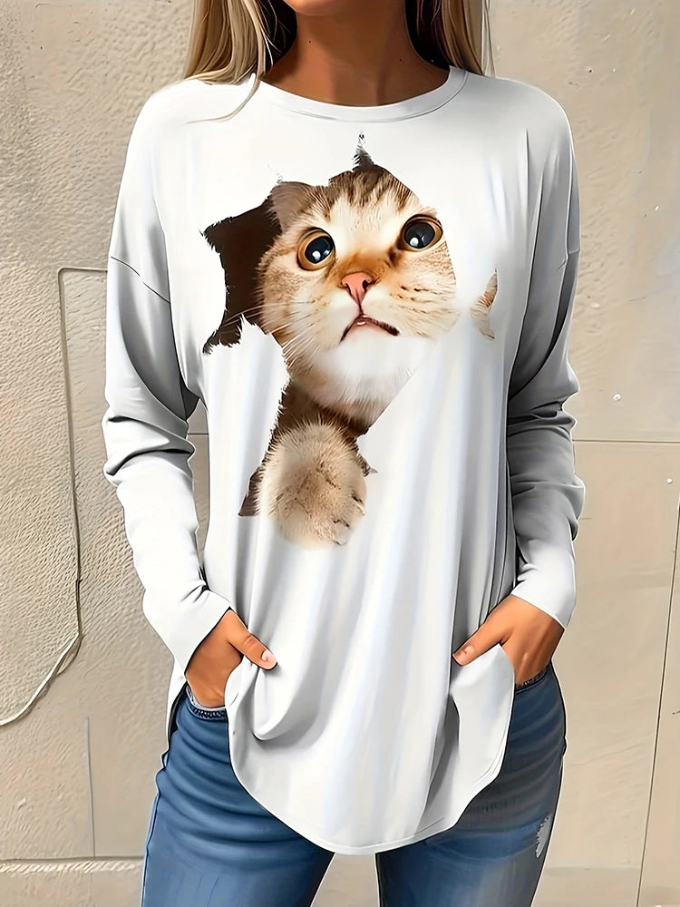 Cat Print Women's Fall/winter Warm Long-sleeved T-shirt
