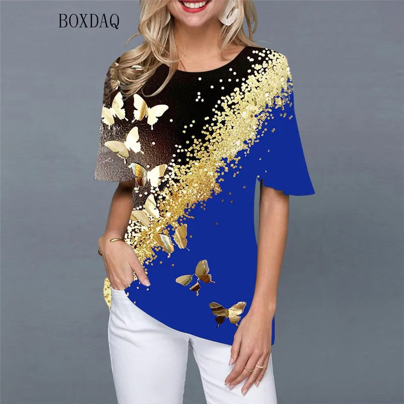 Butterfly Pattern Print Streetwear Women Shirts Short Sleeve
