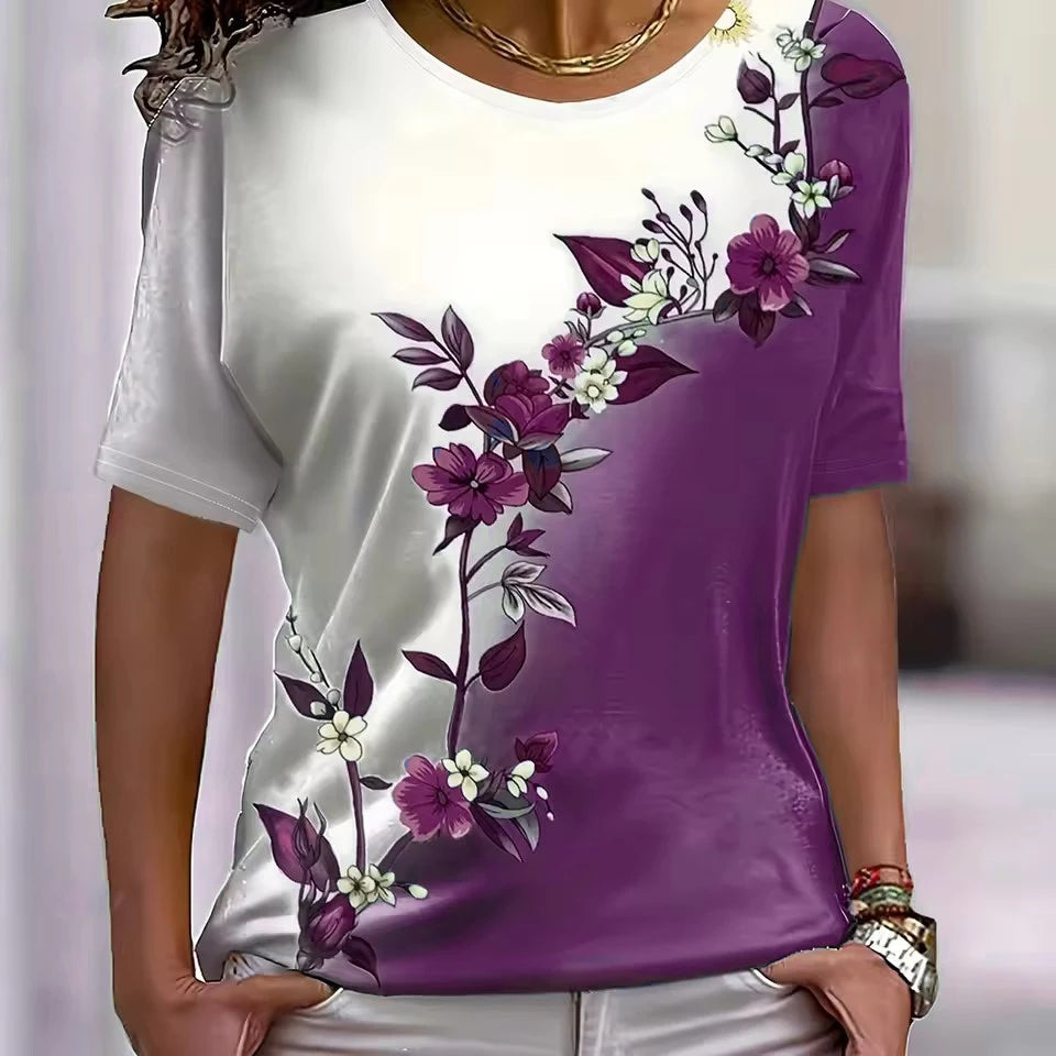 Short Sleeve 3D Printed Street Flower Ladies Tee